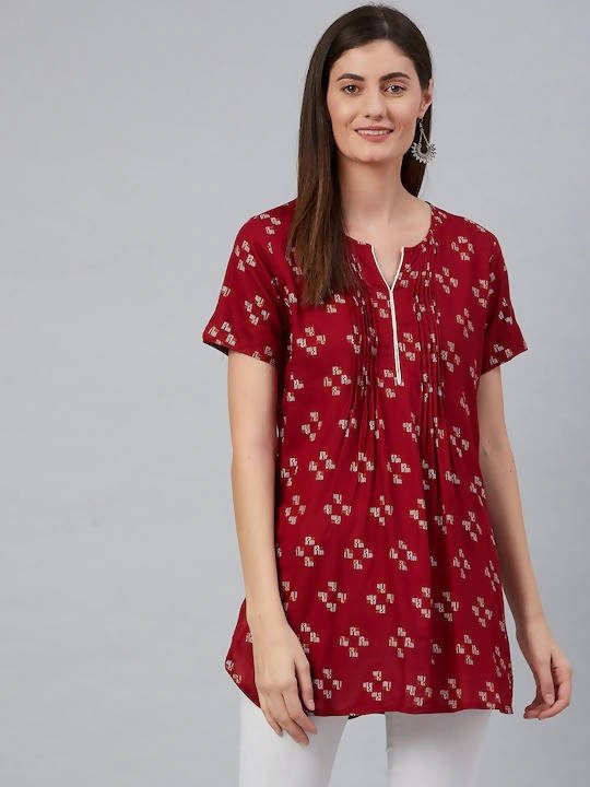 Anubhutee Maroon & White Geometric Printed Pleated Kurti - Distacart