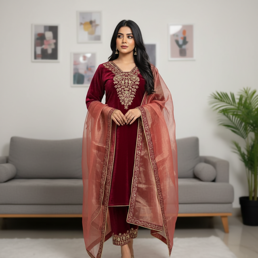 Teeya Creation Red Color Velvet Designer Embroidery Work party Wear Suit