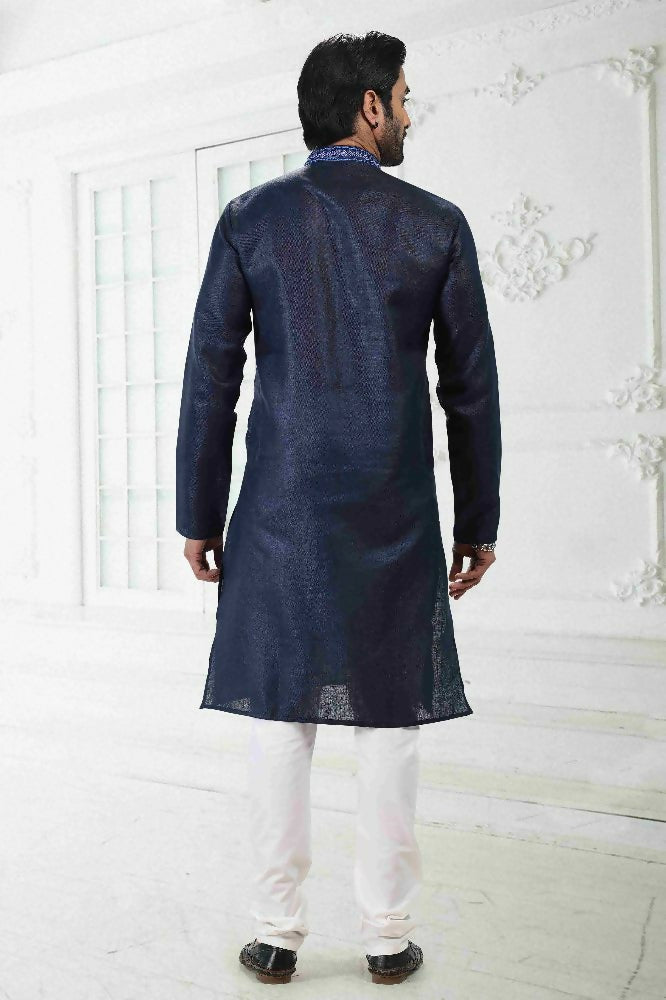 Raivat Ethnic Linen Cotton Thread Work Kurta Pajama In Blue Colour - Dista