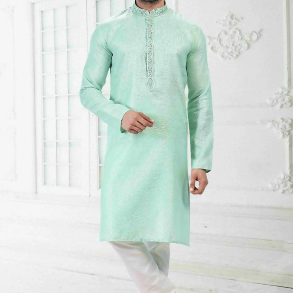 Raivat Ethnic Linen Cotton Thread Work Kurta Pajama In Pista Green Colour - Dista