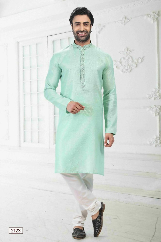 Raivat Ethnic Linen Cotton Thread Work Kurta Pajama In Pista Green Colour - Dista