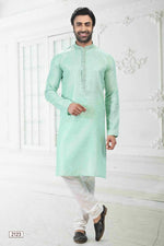 Thumbnail for Raivat Ethnic Linen Cotton Thread Work Kurta Pajama In Pista Green Colour - Dista