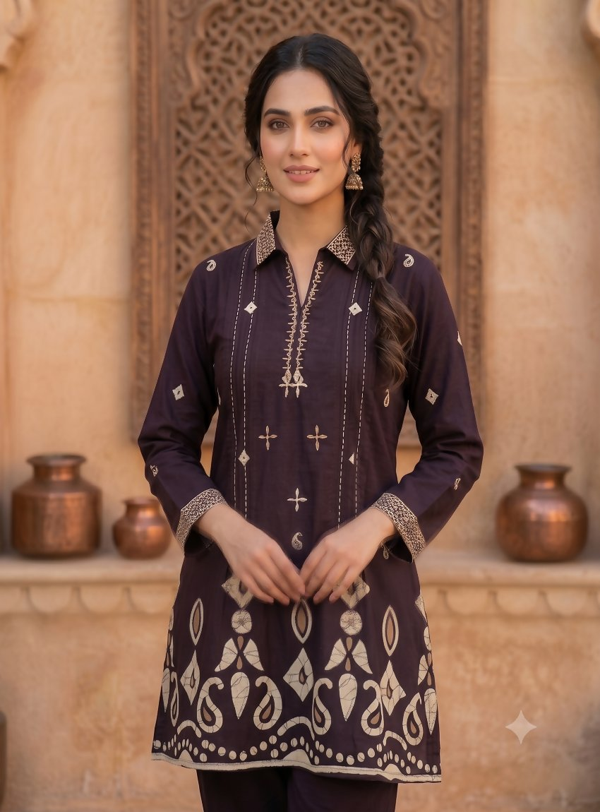 Teeya Creation Women Wine Printed Cotton Kurti With Trousers Co-Ord Set - Dista