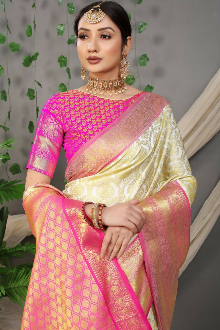 Jyoti Fashion Women's Off White Kanjivaram Silk Zari Woven Saree with Blouse - Distacart