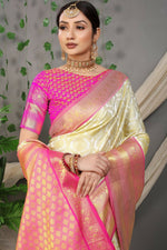 Thumbnail for Jyoti Fashion Women's Off White Kanjivaram Silk Zari Woven Saree with Blouse - Distacart