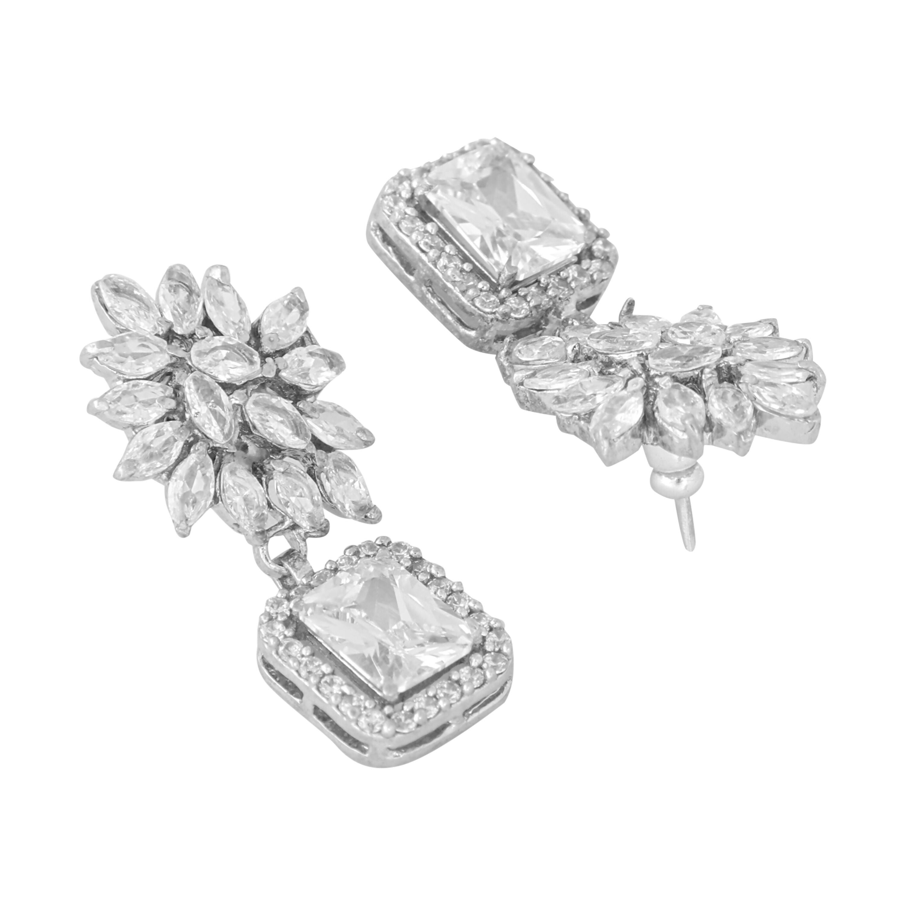 Nuyug Rhodium-Plated Rhinestone Studded Floral Minimal Cotemporary Studs