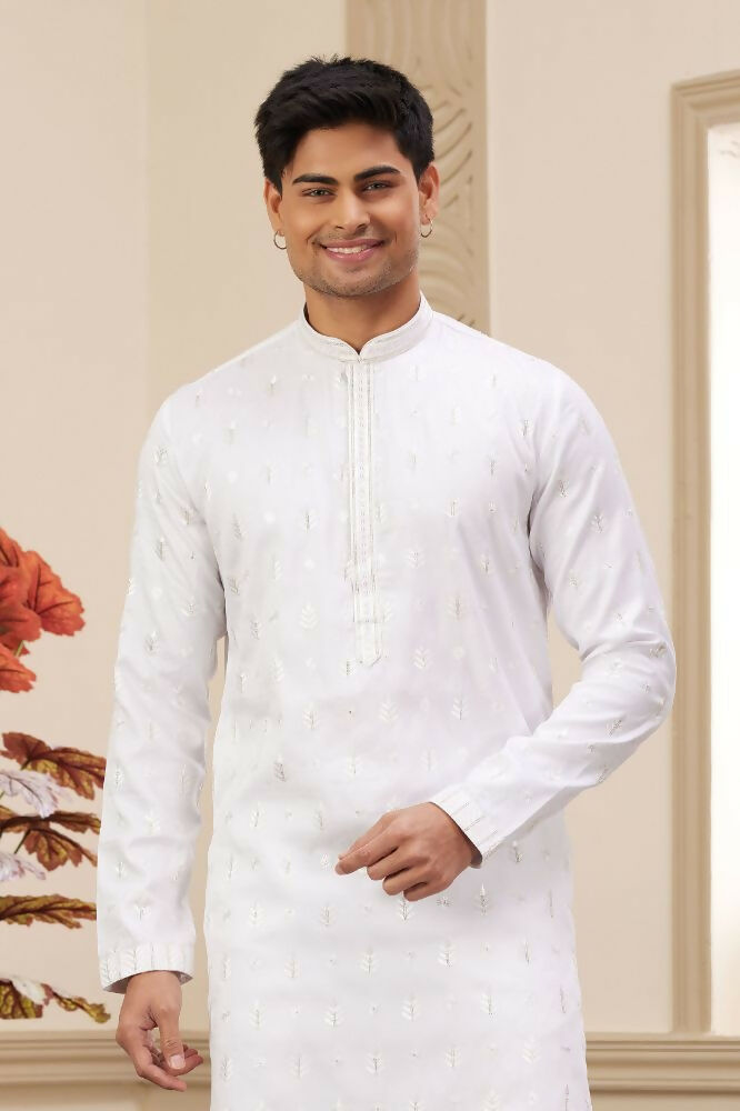 Raivat Ethnic Art Silk Thread Work Kurta Pajama In Off White Colour