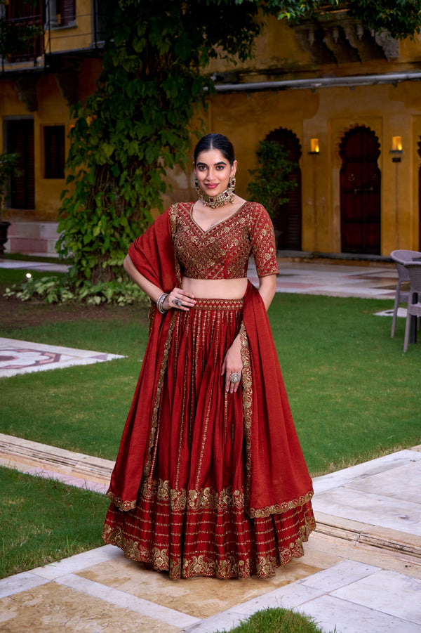Lorenvalley Fashion Orange Rangoli Crush Sequins and Thread Embroidery Work Lehenga Choli with Dupatta