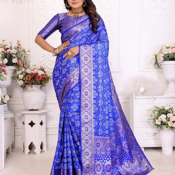 Anaita Blue Soft Satin Silk Bandhej Print Saree With Kanchi Zari Weaving Border - Distacart