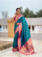 Thumbnail for Vedant Vastram Soft Litchi Silk Paithani Jacquard Saree - Aqua - Dista