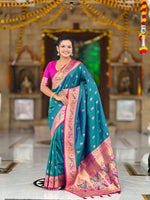 Thumbnail for Vedant Vastram Soft Litchi Silk Paithani Jacquard Saree - Aqua - Dista