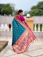 Thumbnail for Vedant Vastram Soft Litchi Silk Paithani Jacquard Saree - Aqua - Dista