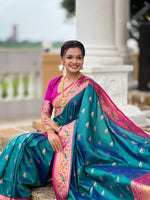 Thumbnail for Vedant Vastram Soft Litchi Silk Paithani Jacquard Saree - Aqua - Dista