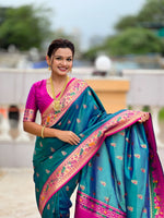 Thumbnail for Vedant Vastram Soft Litchi Silk Paithani Jacquard Saree - Aqua - Dista