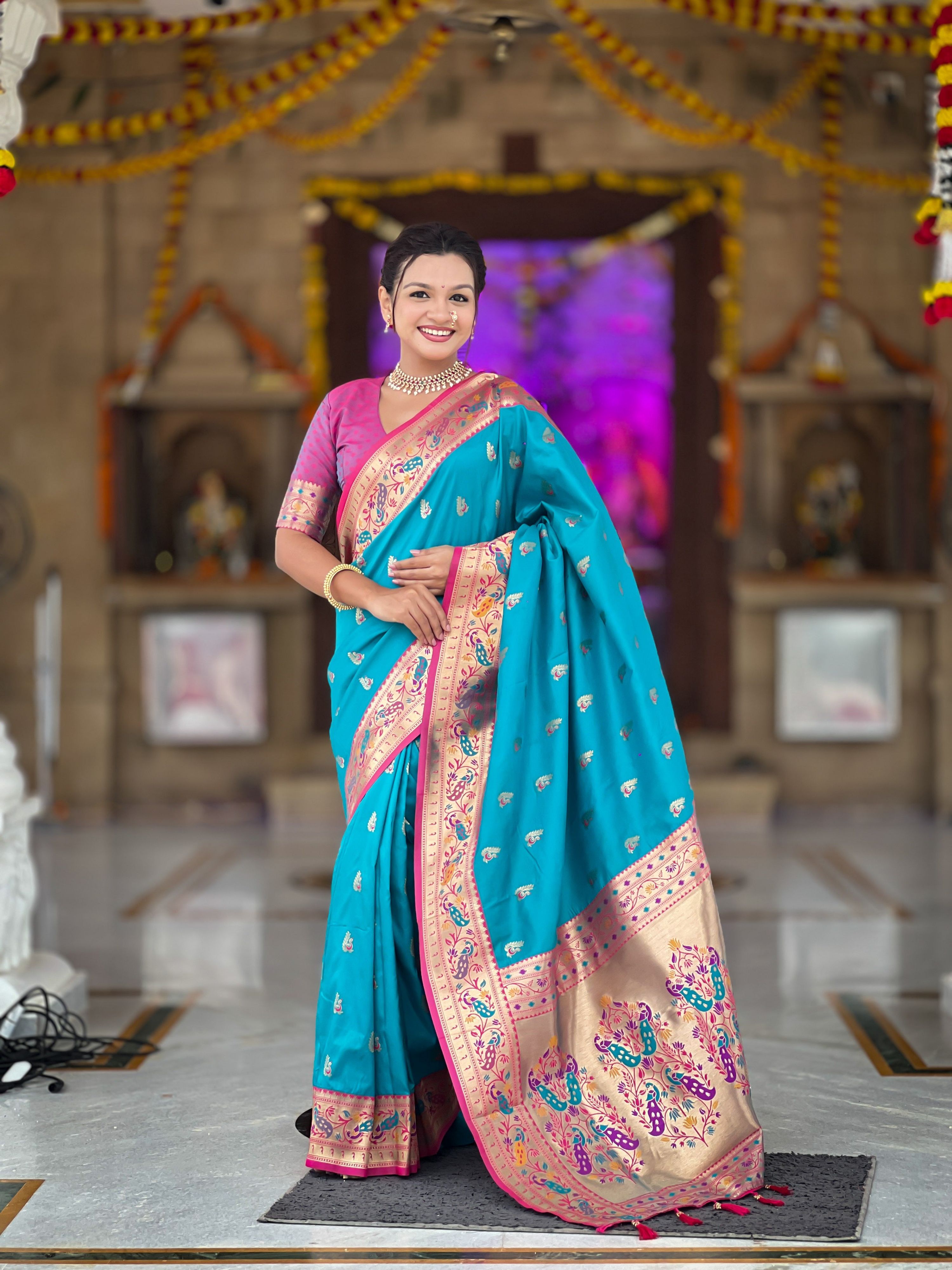 Vedant Vastram Soft Litchi Silk Paithani Jacquard Saree - Firozi - Dista