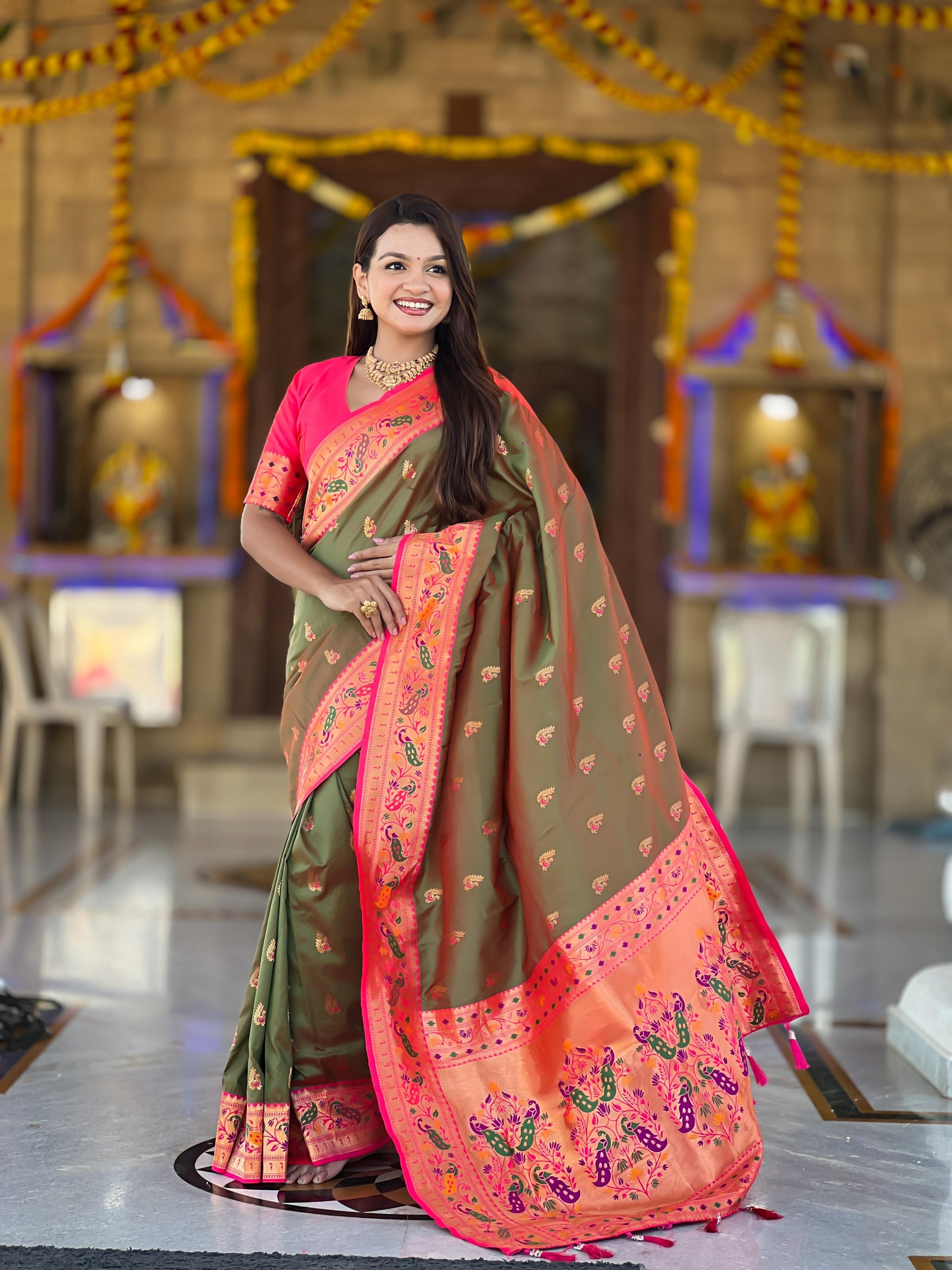 Vedant Vastram Soft Litchi Silk Paithani Jacquard Saree - Mahendi - Dista