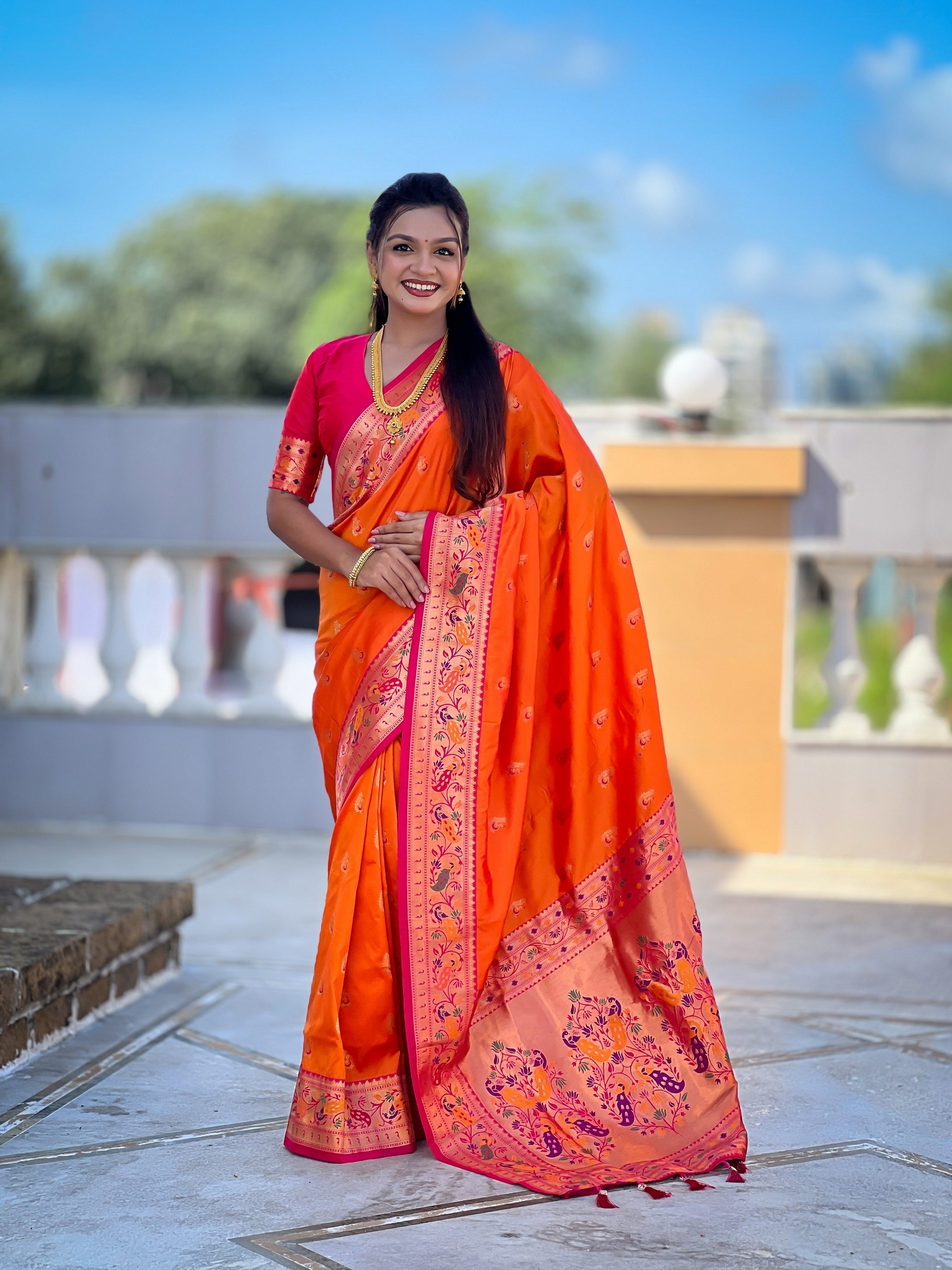 Vedant Vastram Soft Litchi Silk Paithani Jacquard Saree - Orange - Dista