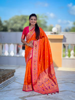 Thumbnail for Vedant Vastram Soft Litchi Silk Paithani Jacquard Saree - Orange - Dista