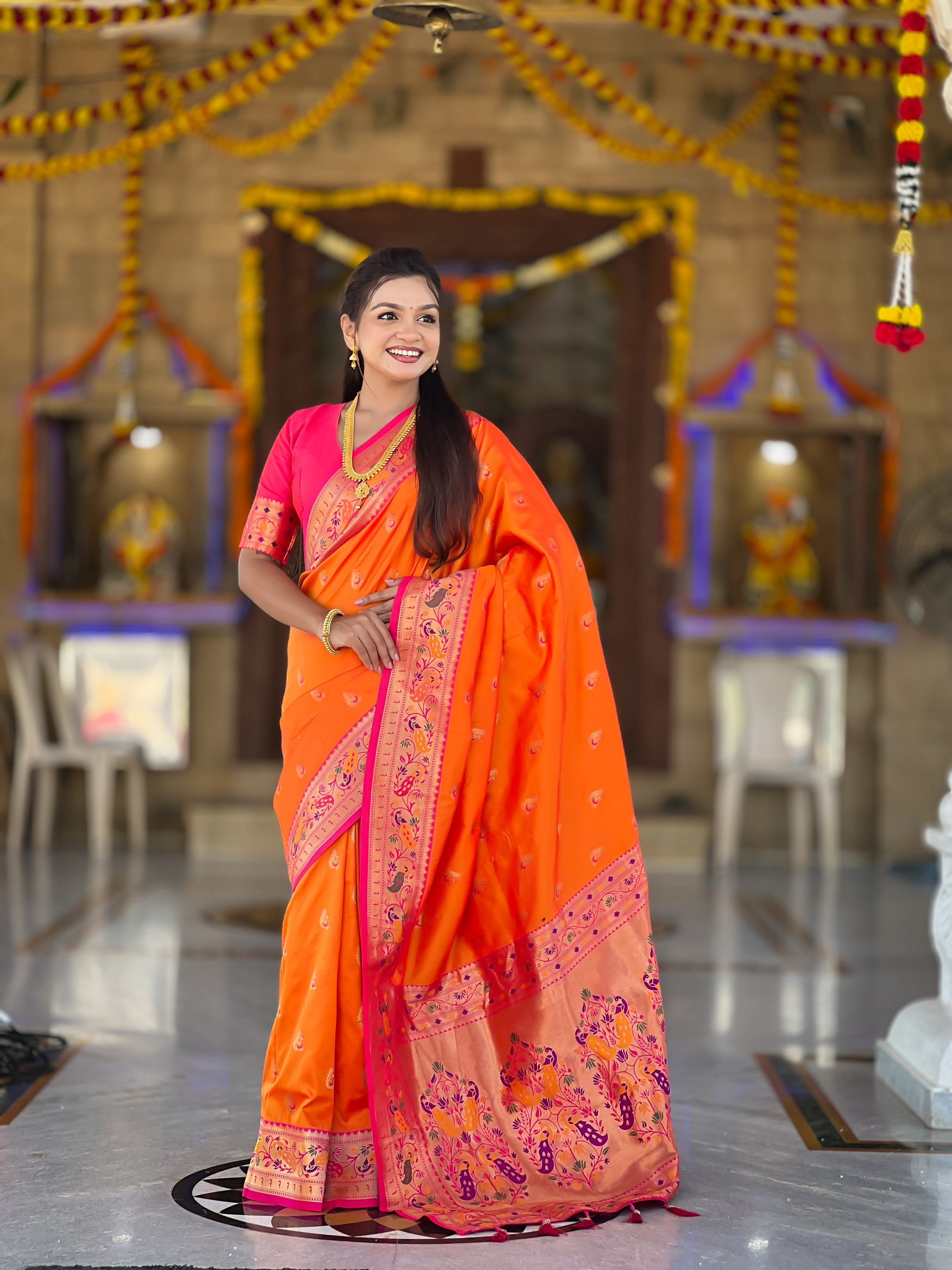 Vedant Vastram Soft Litchi Silk Paithani Jacquard Saree - Orange - Dista