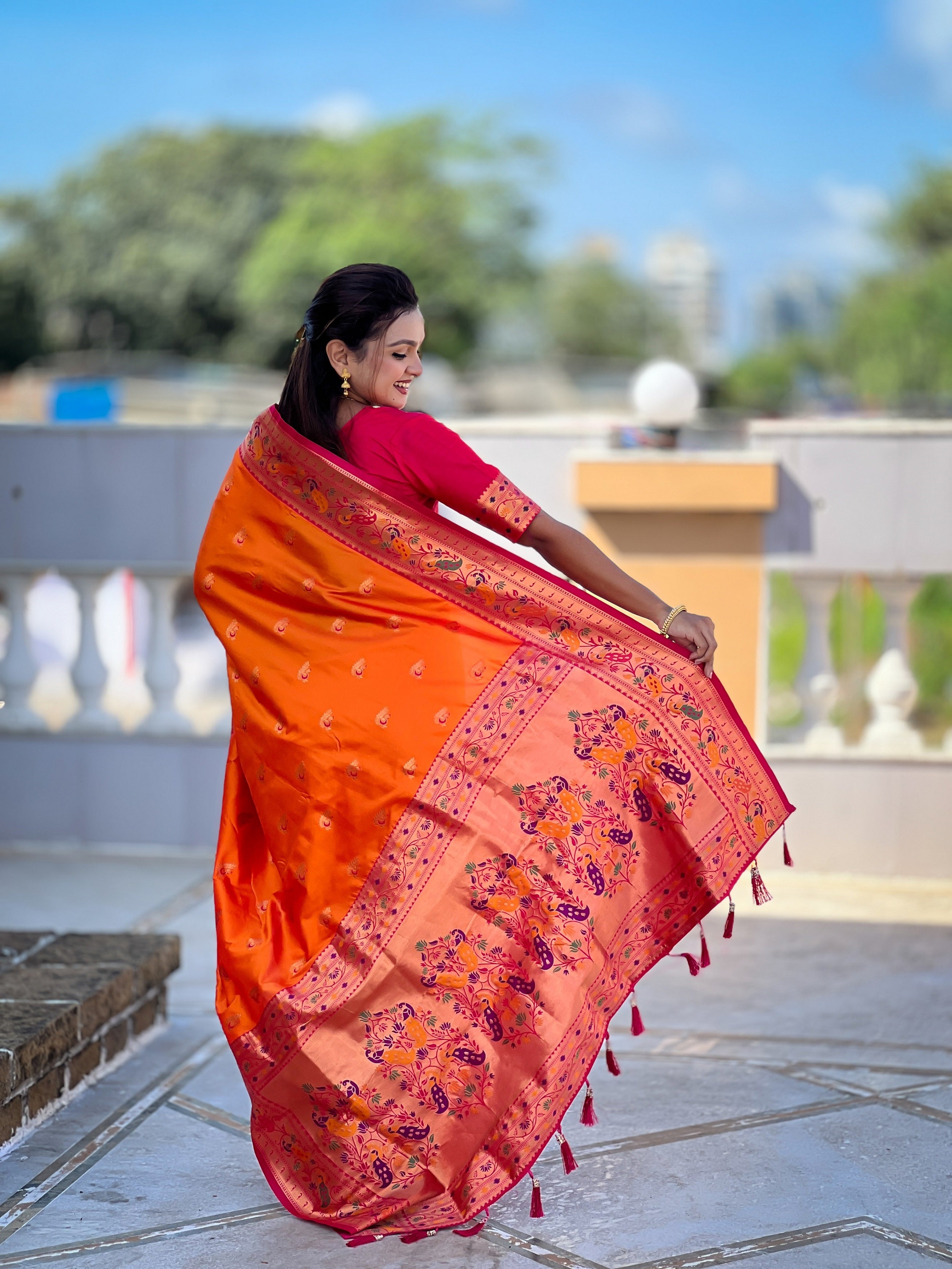 Vedant Vastram Soft Litchi Silk Paithani Jacquard Saree - Orange - Dista
