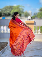 Thumbnail for Vedant Vastram Soft Litchi Silk Paithani Jacquard Saree - Orange - Dista