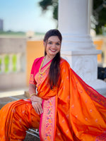 Thumbnail for Vedant Vastram Soft Litchi Silk Paithani Jacquard Saree - Orange - Dista