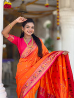 Thumbnail for Vedant Vastram Soft Litchi Silk Paithani Jacquard Saree - Orange - Dista