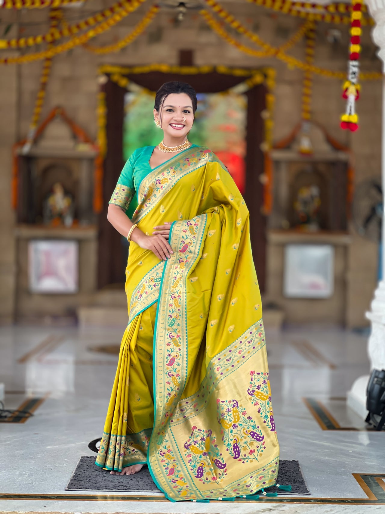 Vedant Vastram Soft Litchi Silk Paithani Jacquard Saree - Olive - Dista