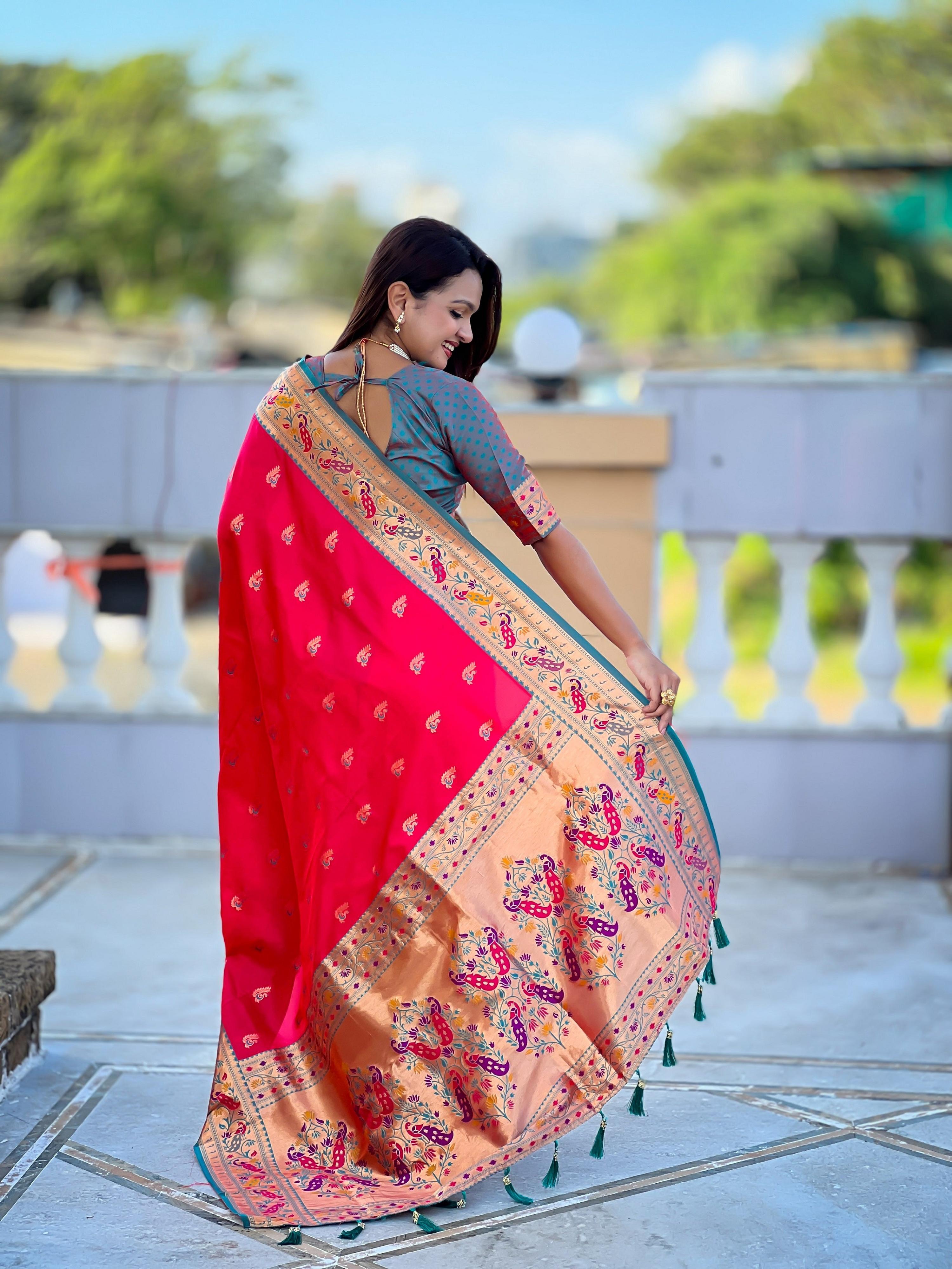 Vedant Vastram Soft Litchi Silk Paithani Jacquard Saree - Pink - Dista