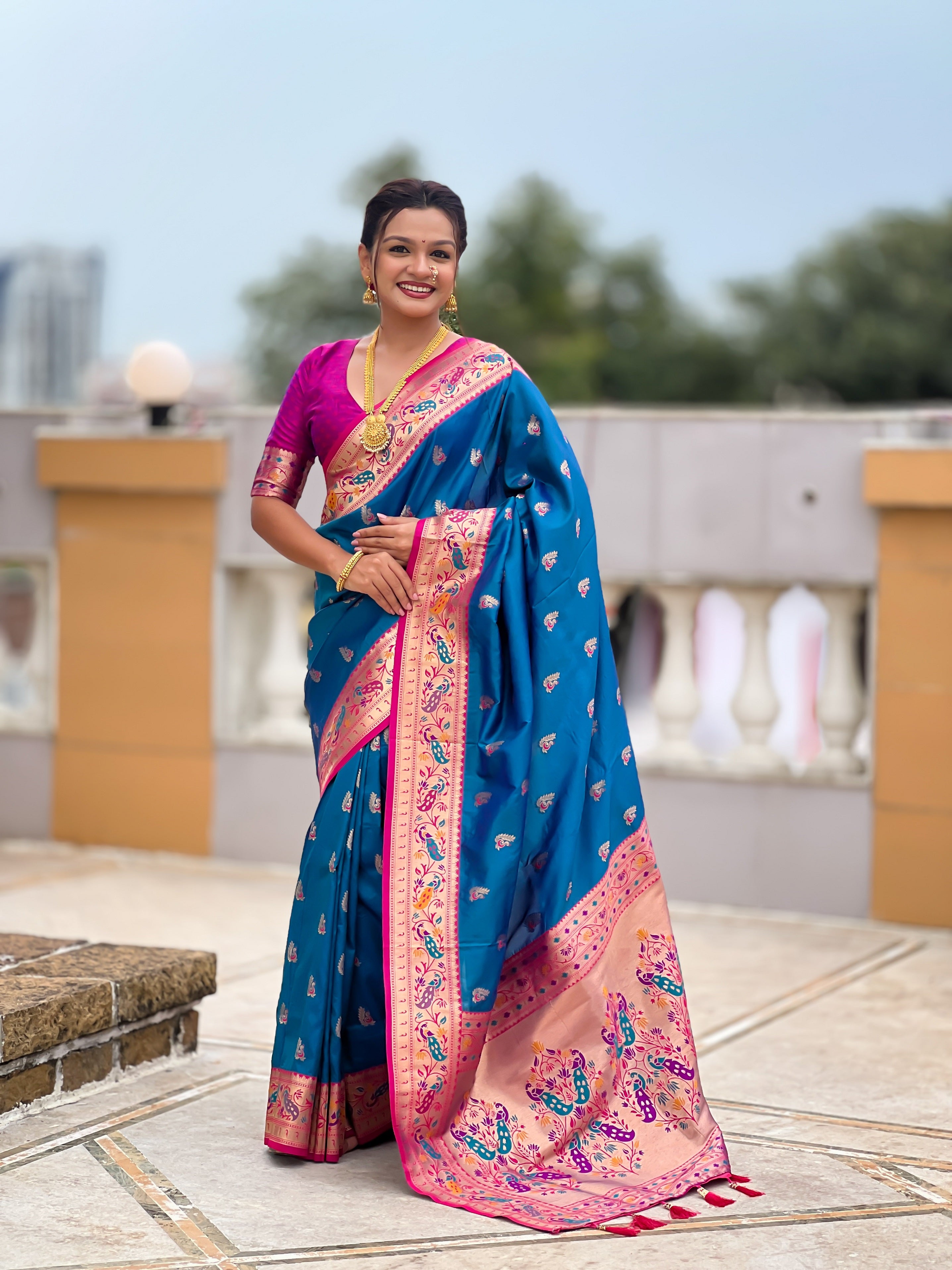 Vedant Vastram Soft Litchi Silk Paithani Jacquard Saree - Skyblue - Dista