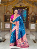 Thumbnail for Vedant Vastram Soft Litchi Silk Paithani Jacquard Saree - Skyblue - Dista