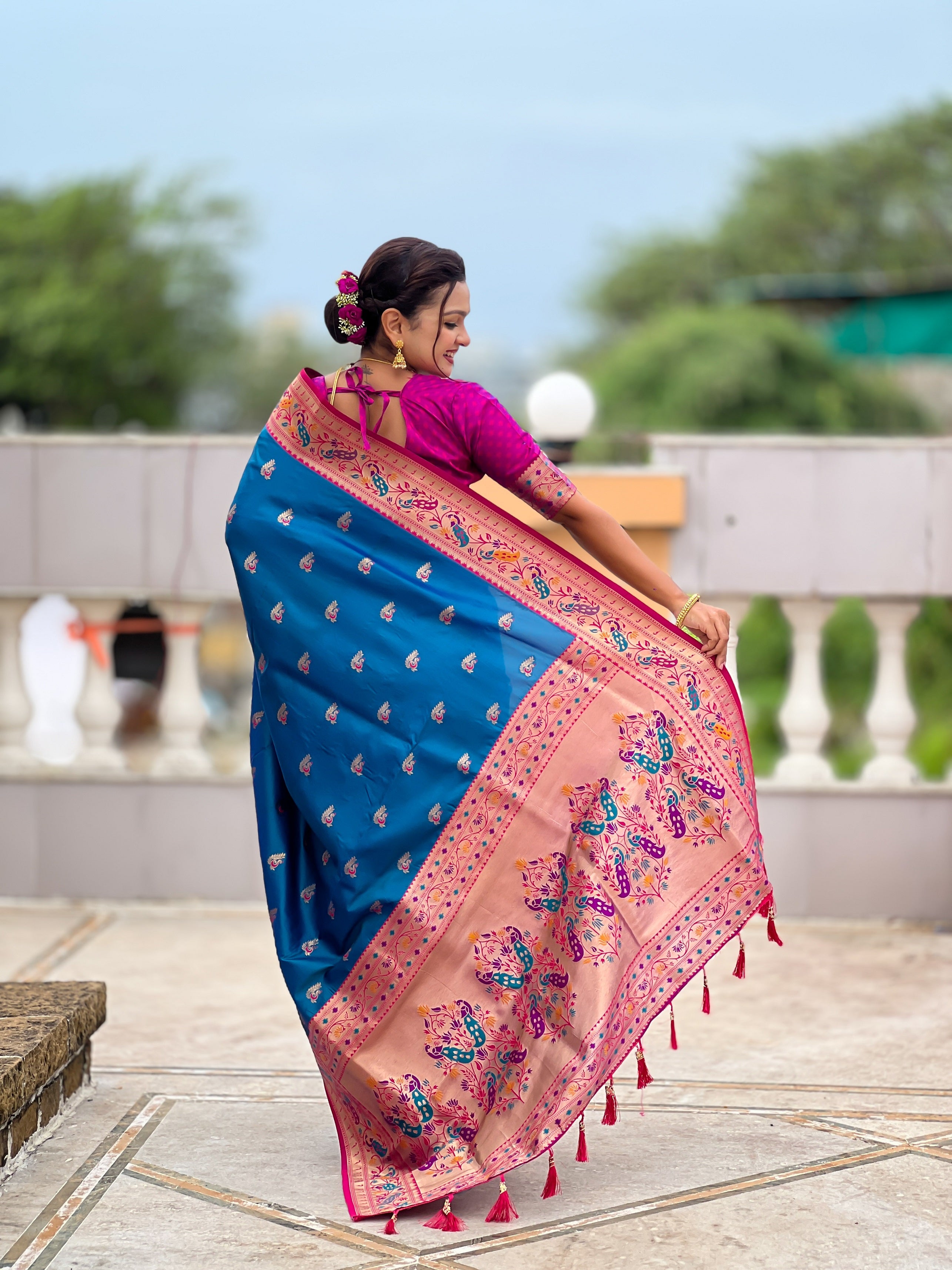 Vedant Vastram Soft Litchi Silk Paithani Jacquard Saree - Skyblue - Dista