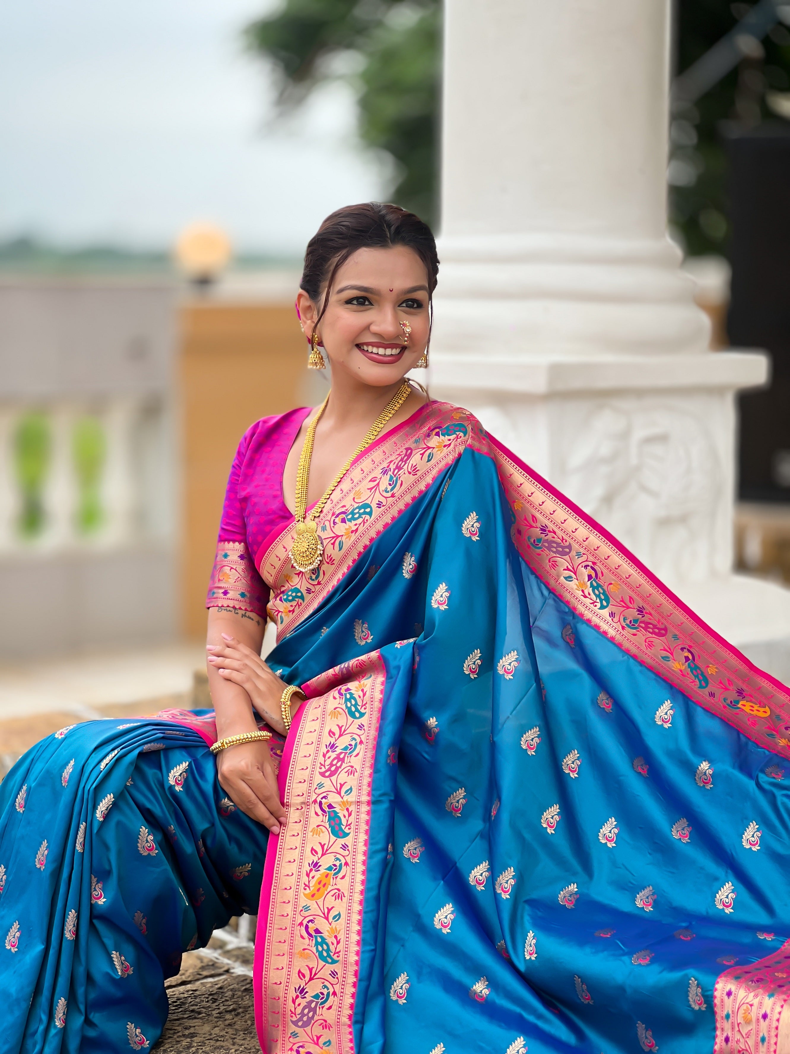 Vedant Vastram Soft Litchi Silk Paithani Jacquard Saree - Skyblue - Dista