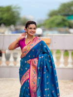 Thumbnail for Vedant Vastram Soft Litchi Silk Paithani Jacquard Saree - Skyblue - Dista