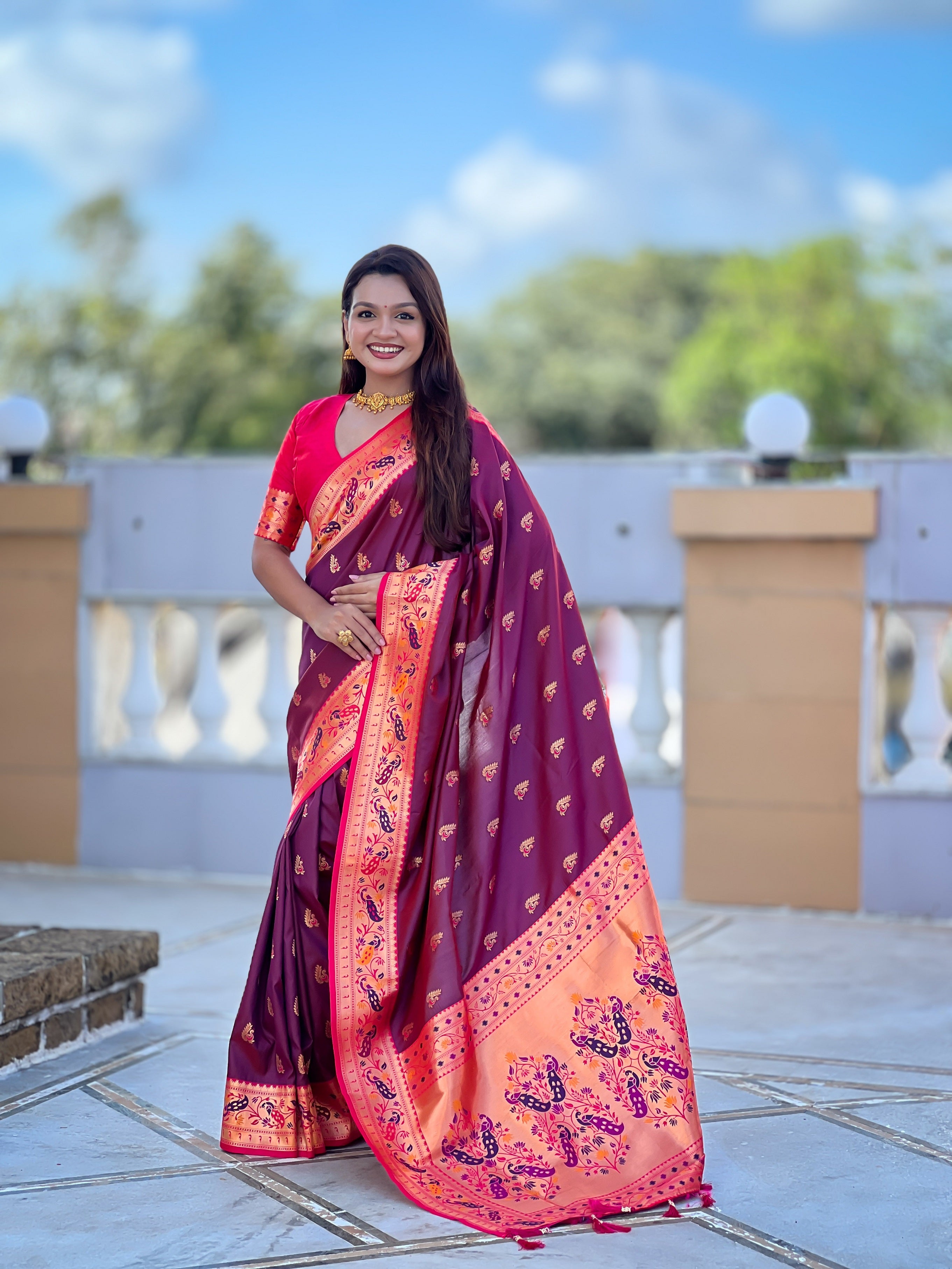 Vedant Vastram Soft Litchi Silk Paithani Jacquard Saree - Wine - Dista