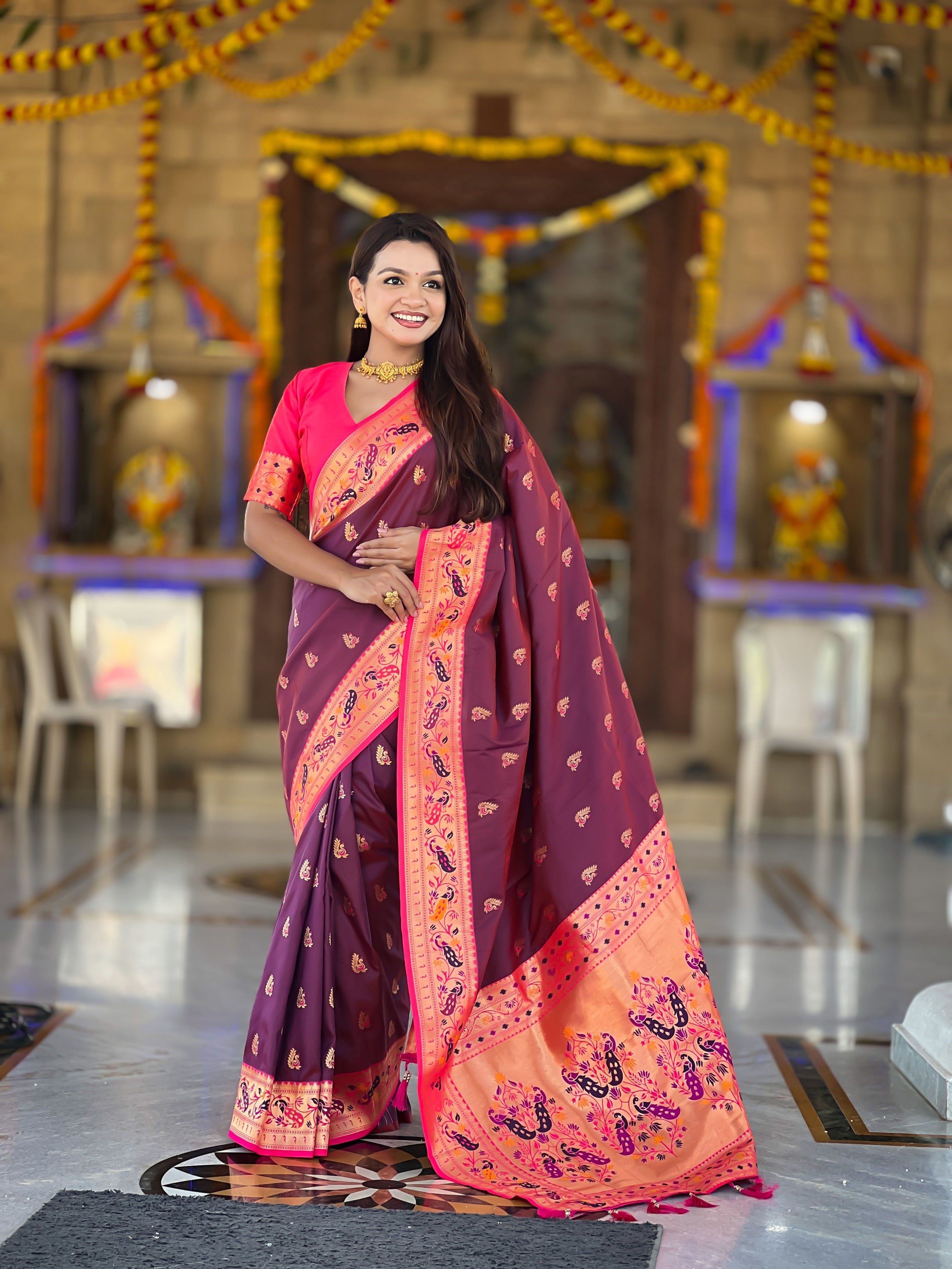 Vedant Vastram Soft Litchi Silk Paithani Jacquard Saree - Wine - Dista
