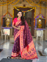 Thumbnail for Vedant Vastram Soft Litchi Silk Paithani Jacquard Saree - Wine - Dista