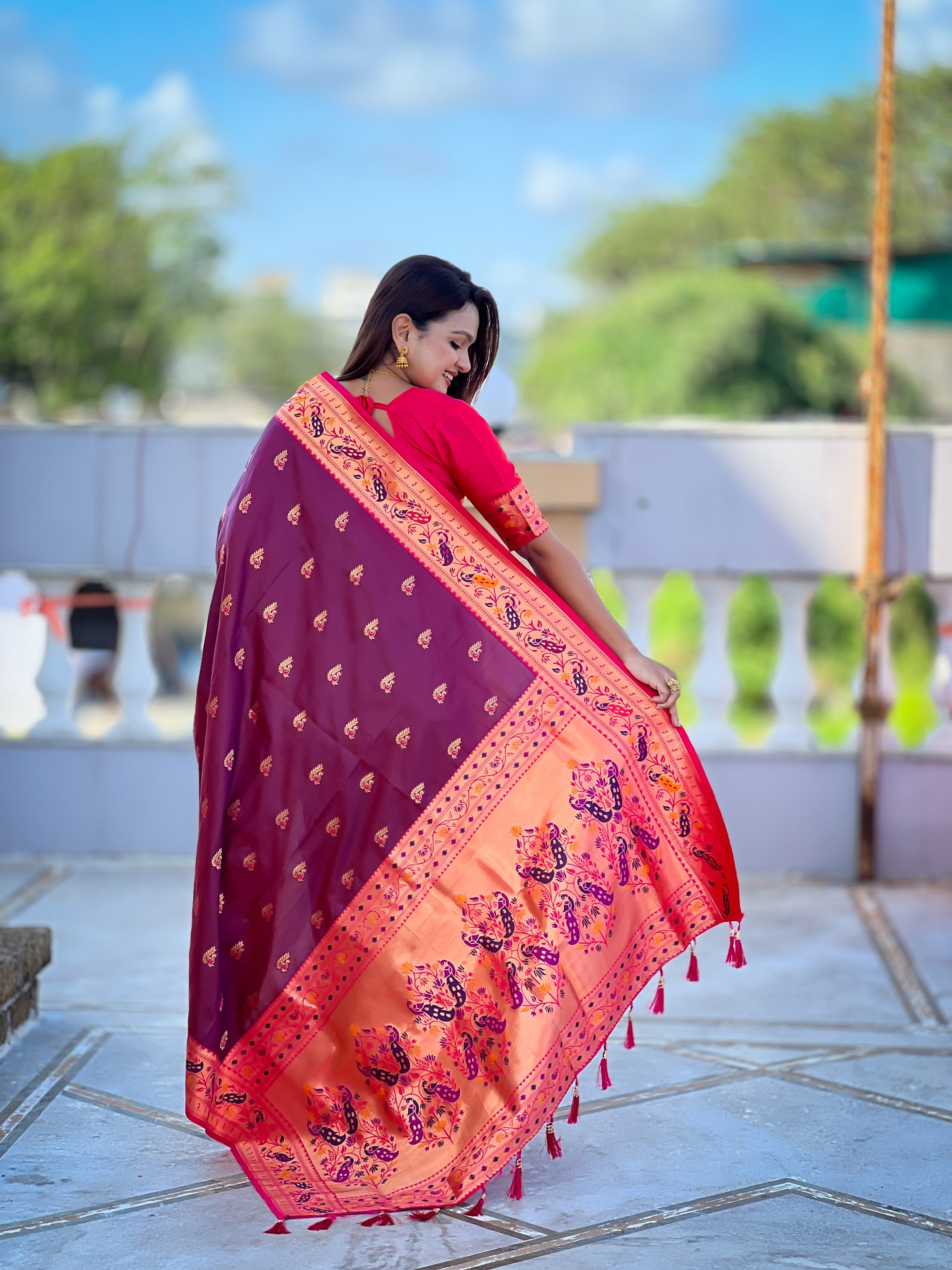 Vedant Vastram Soft Litchi Silk Paithani Jacquard Saree - Wine - Dista