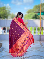 Thumbnail for Vedant Vastram Soft Litchi Silk Paithani Jacquard Saree - Wine - Dista