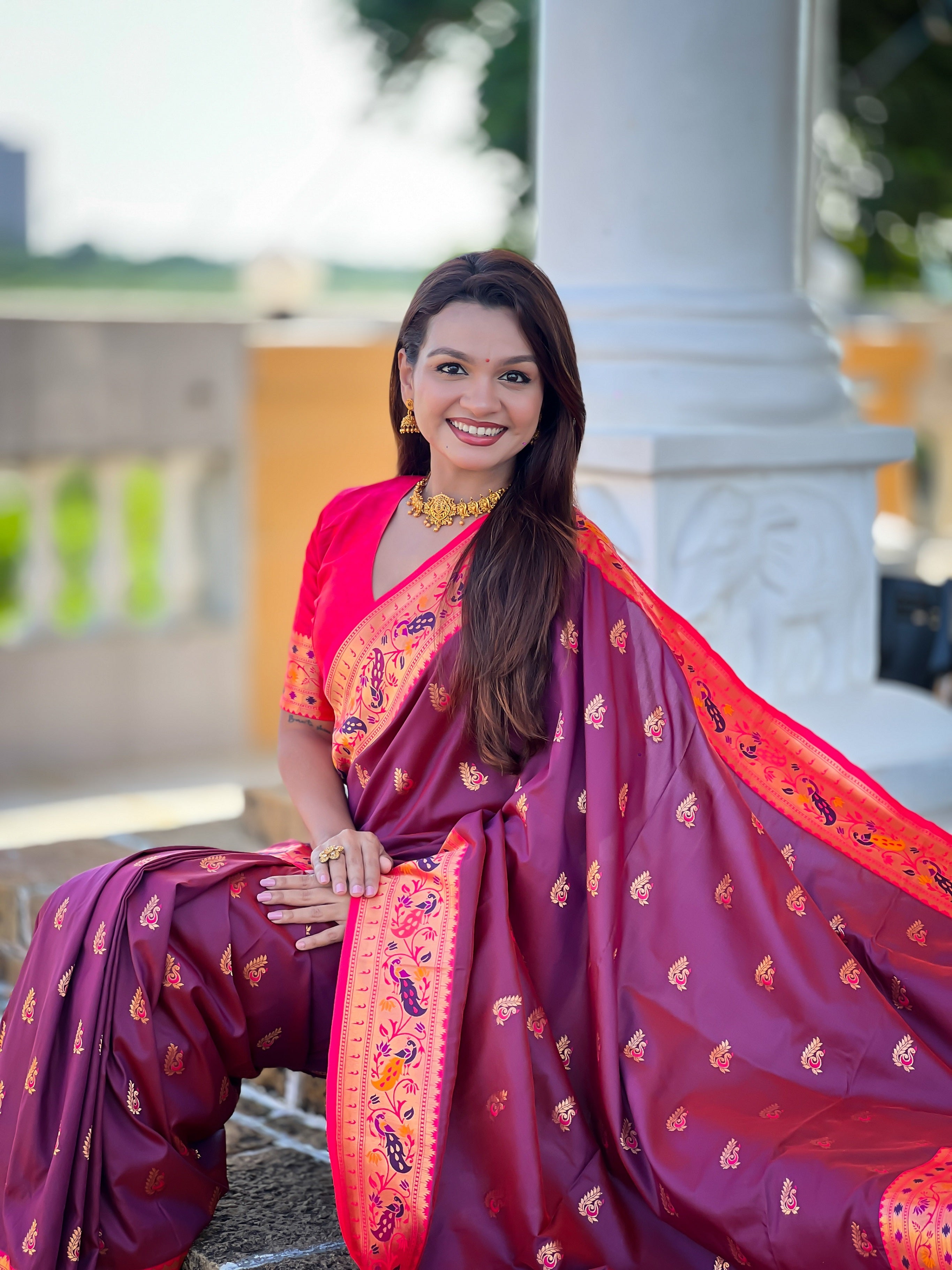 Vedant Vastram Soft Litchi Silk Paithani Jacquard Saree - Wine - Dista