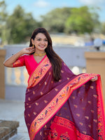 Thumbnail for Vedant Vastram Soft Litchi Silk Paithani Jacquard Saree - Wine - Dista