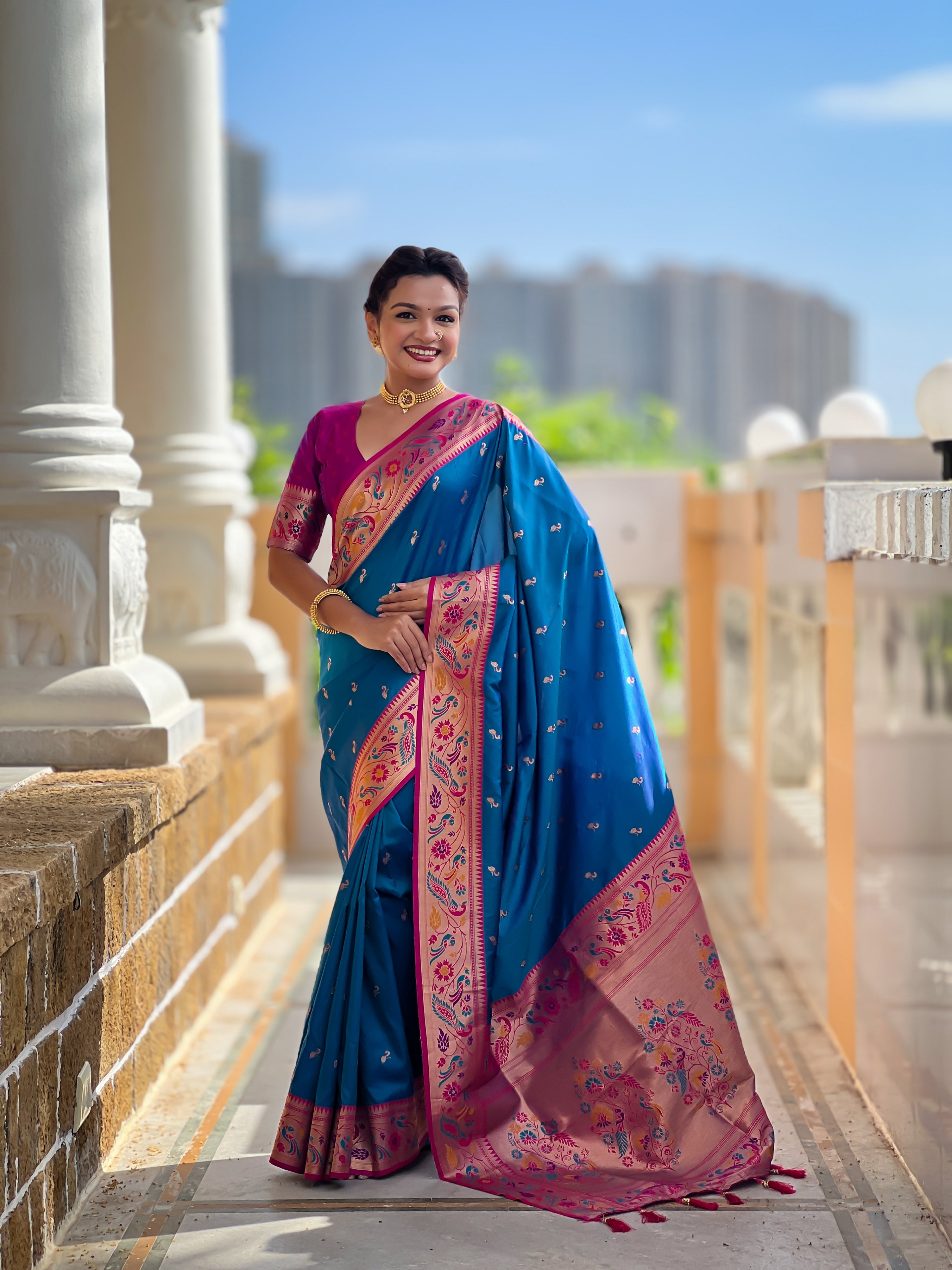 Vedant Vastram Soft Litchi Silk Paithani Jacquard Saree - Firozi - Dista
