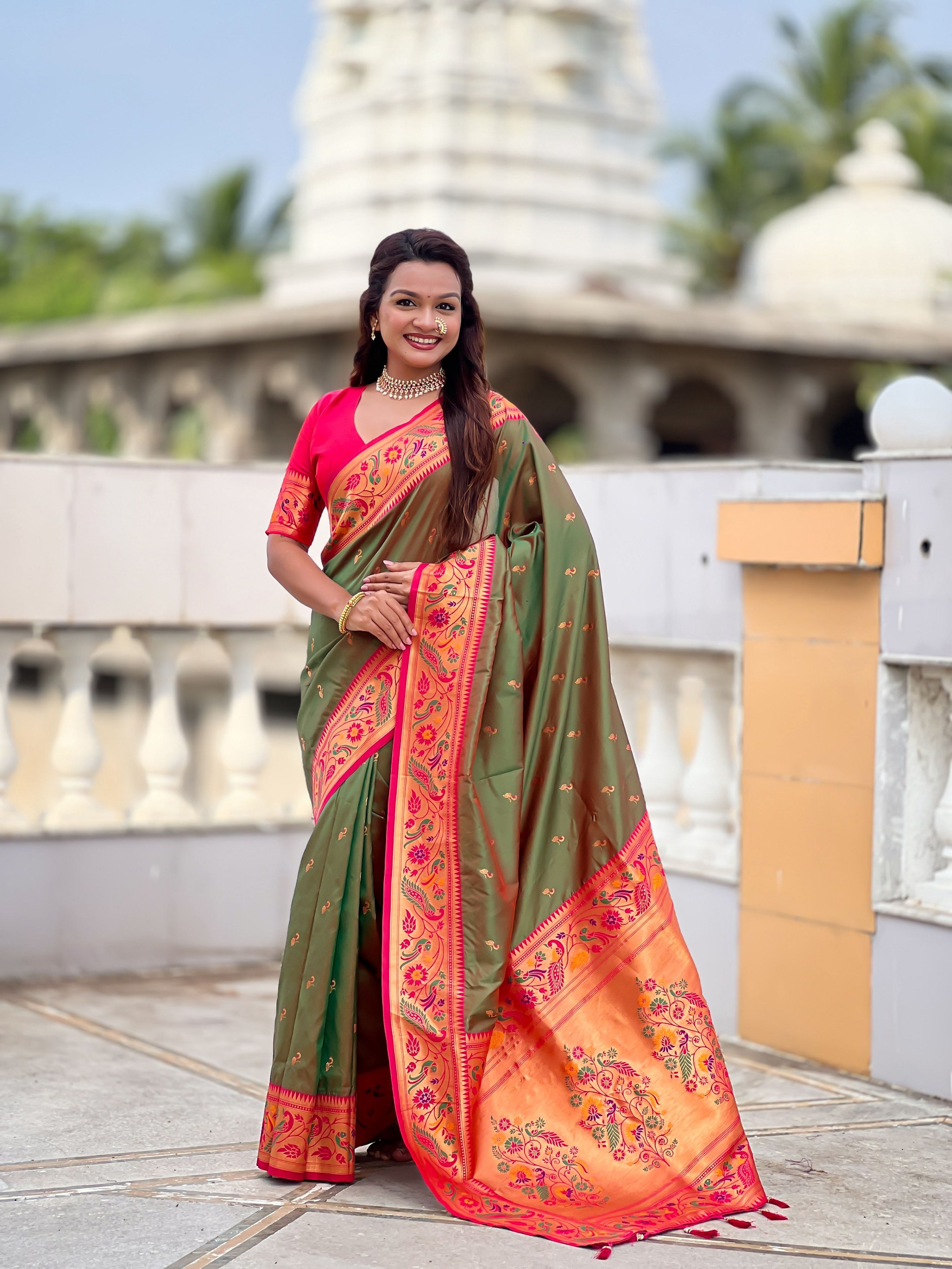 Vedant Vastram Soft Litchi Silk Paithani Jacquard Saree - Mahendi - Dista