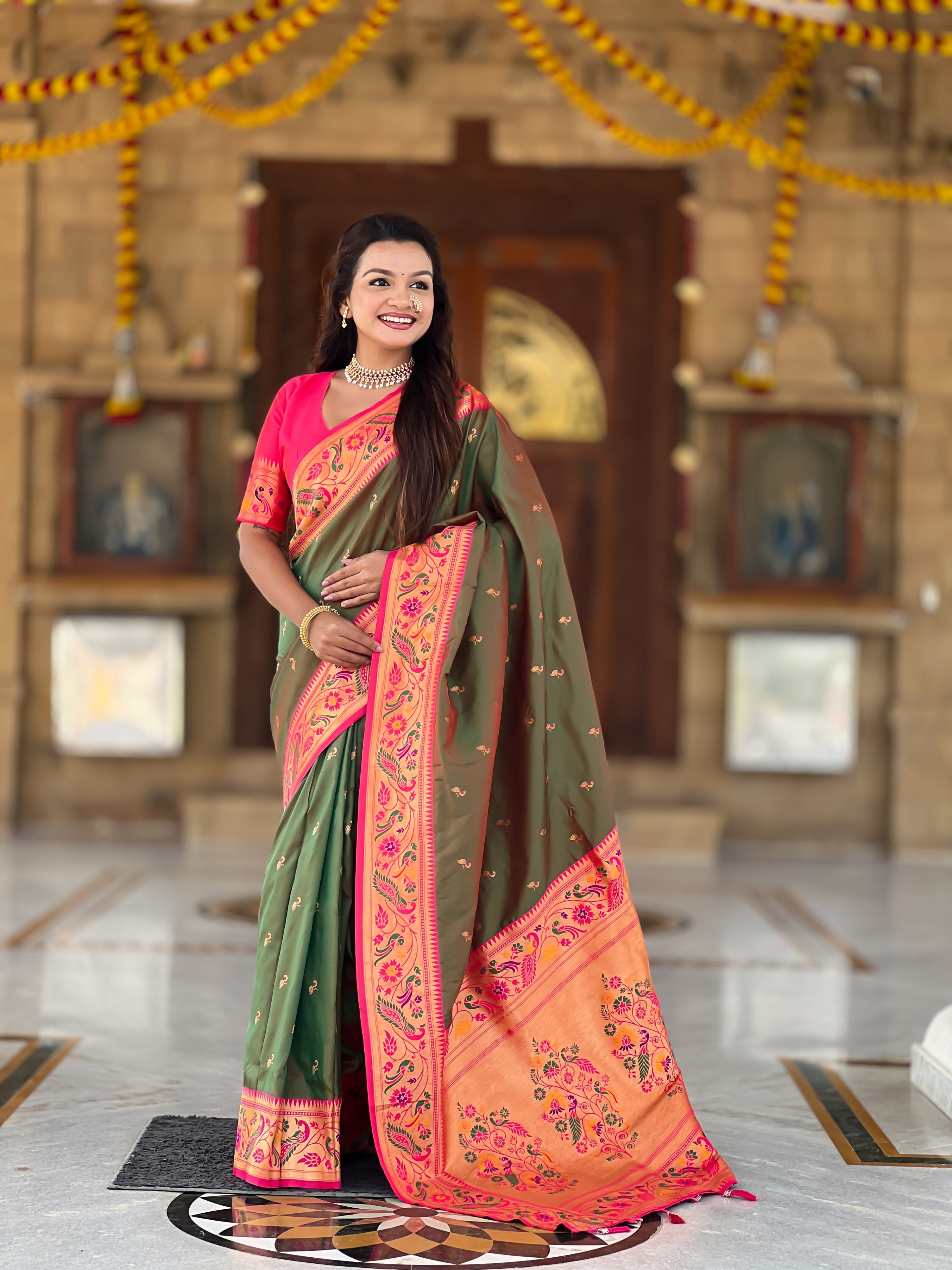 Vedant Vastram Soft Litchi Silk Paithani Jacquard Saree - Mahendi - Dista