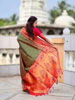 Thumbnail for Vedant Vastram Soft Litchi Silk Paithani Jacquard Saree - Mahendi - Dista