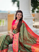 Thumbnail for Vedant Vastram Soft Litchi Silk Paithani Jacquard Saree - Mahendi - Dista