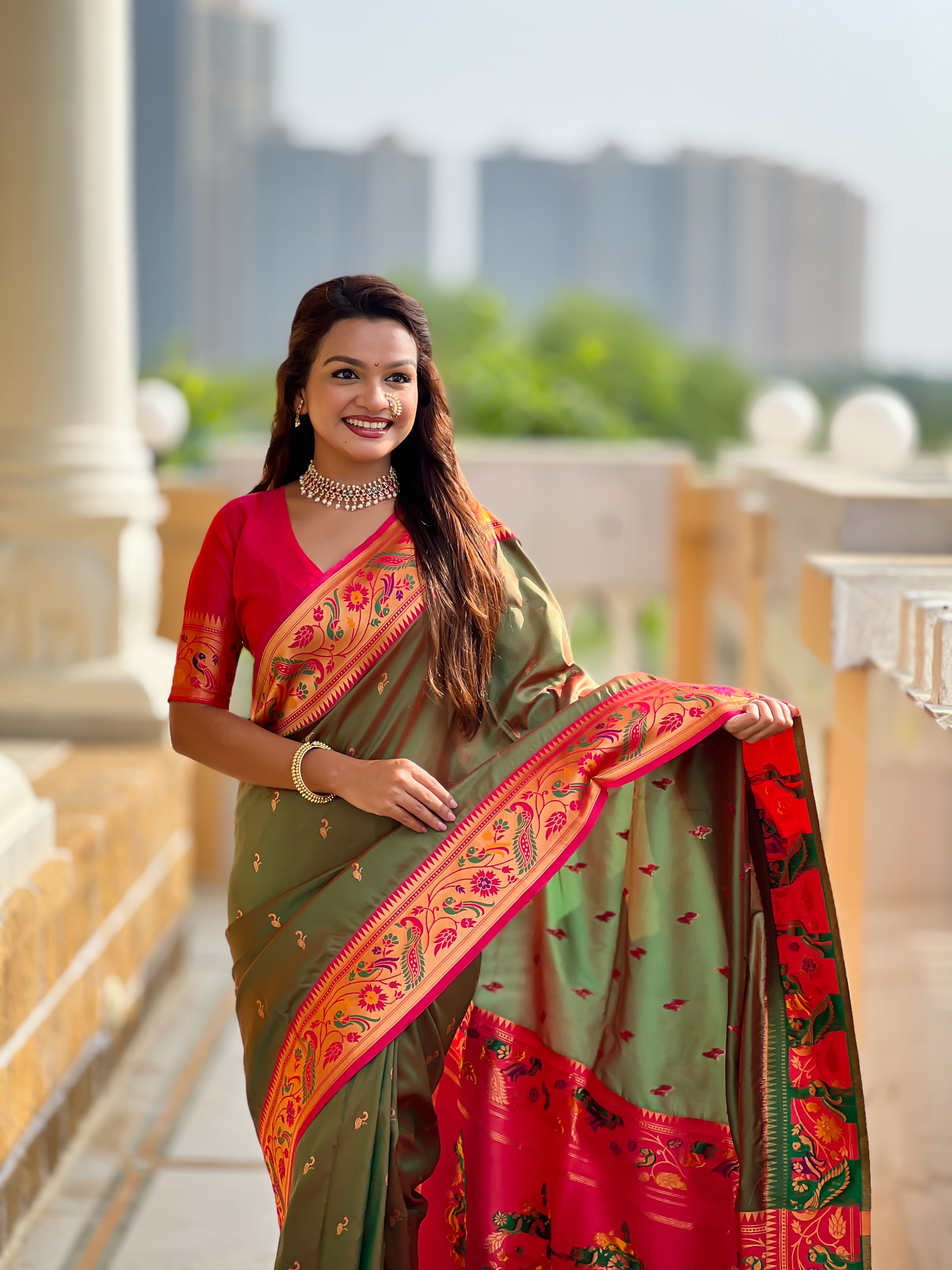 Vedant Vastram Soft Litchi Silk Paithani Jacquard Saree - Mahendi - Dista