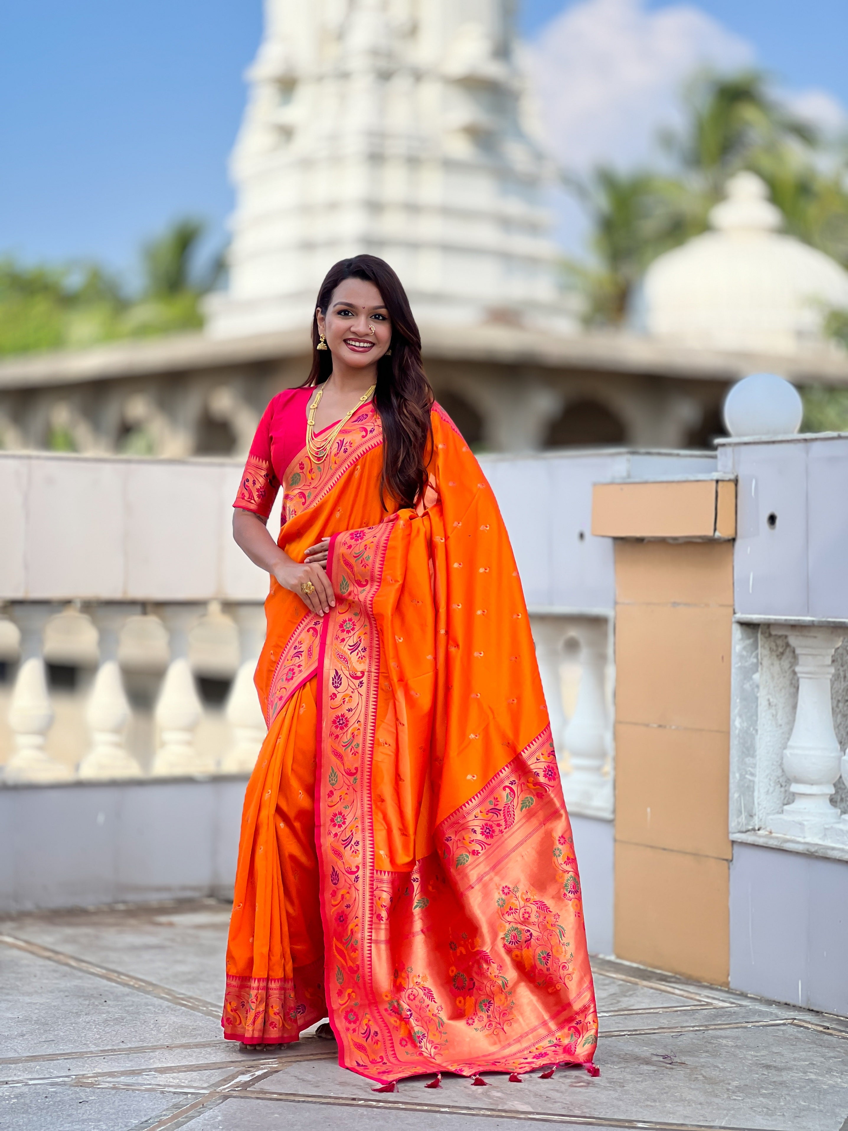 Vedant Vastram Soft Litchi Silk Paithani Jacquard Saree - Orange - Dista