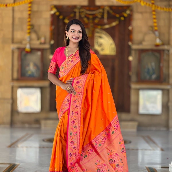 Vedant Vastram Soft Litchi Silk Paithani Jacquard Saree - Orange - Dista