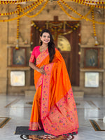 Thumbnail for Vedant Vastram Soft Litchi Silk Paithani Jacquard Saree - Orange - Dista